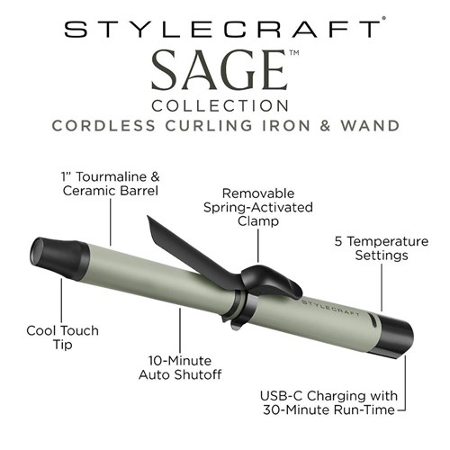 StyleCraft by Silver Bullet Sage Cordless Curling Iron with Detachable Clamp